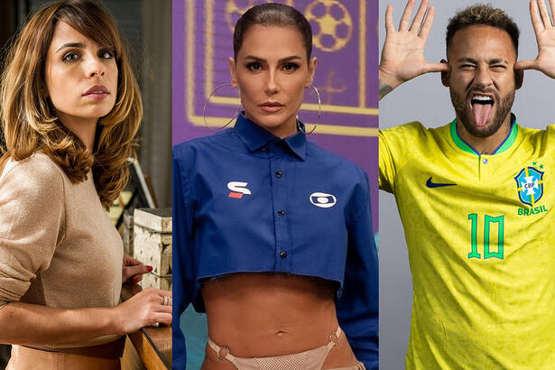 Maria Ribeiro de lado com roupa em tom de nude/bege/marrom, segurando fichas durante gravação de novela; Deborah Secco com o look (top azul de calça cavada) para a estreia para o Tá na Copa e Neymar com a camisa da Seleção Brasileira com as mãos no rosto dando língua