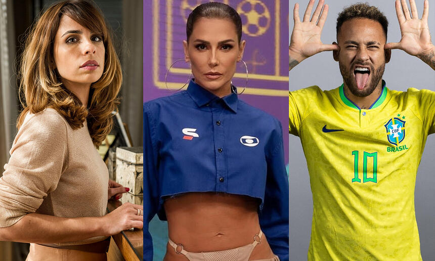 Maria Ribeiro de lado com roupa em tom de nude/bege/marrom, segurando fichas durante gravação de novela; Deborah Secco com o look (top azul de calça cavada) para a estreia para o Tá na Copa e Neymar com a camisa da Seleção Brasileira com as mãos no rosto dando língua