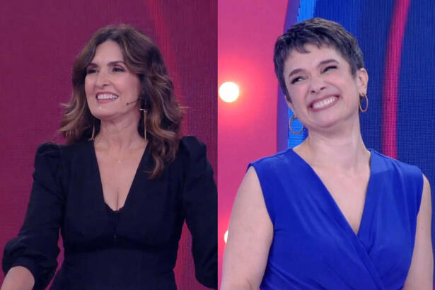 Montagem com Fátima Bernardes e Sandra Sandra Annenberg. As apresentadoras estão sorrindo durante gravação do Caldeirão com Marcos Mion