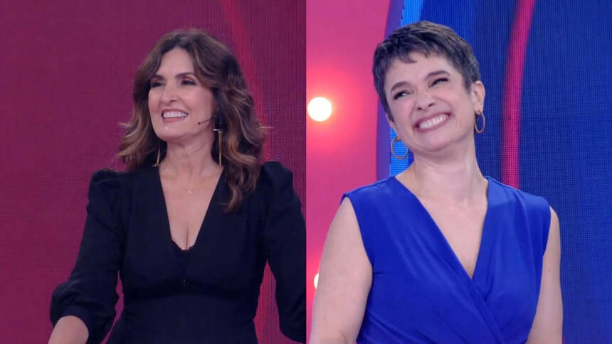 Montagem com Fátima Bernardes e Sandra Sandra Annenberg. As apresentadoras estão sorrindo durante gravação do Caldeirão com Marcos Mion