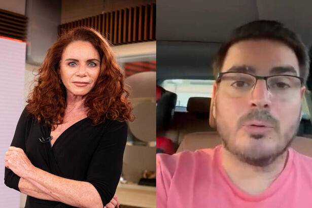 Montagem com Leilane Neubarth no cenário do Conexão GloboNews e Rodrigo Constantino dentro de um carro