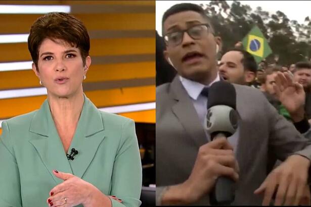 Montagem com Mariana Godoy no Fala Brasil e do repórter Anderson Henrique sendo agredido por bolsonaristas