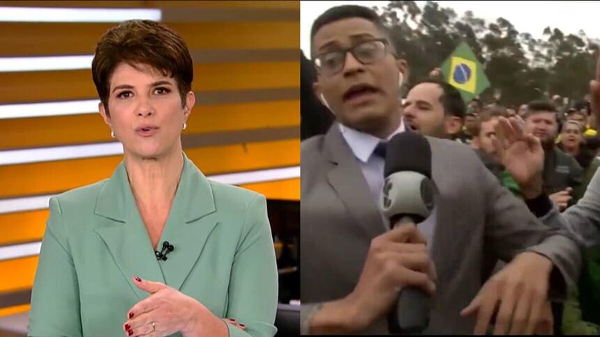 Montagem com Mariana Godoy no Fala Brasil e do repórter Anderson Henrique sendo agredido por bolsonaristas