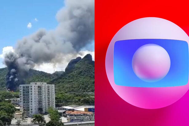 Montagem com fumaça preta saindo dos estúdios Globo onde acontece um incêndio