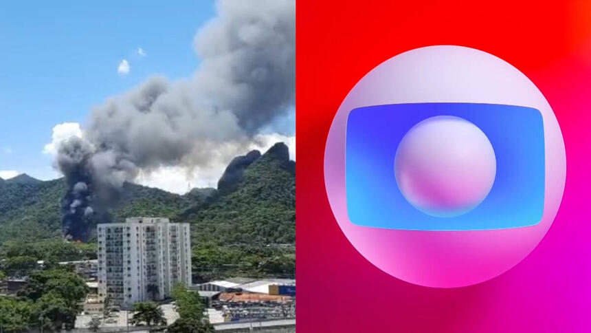 Montagem com fumaça preta saindo dos estúdios Globo onde acontece um incêndio