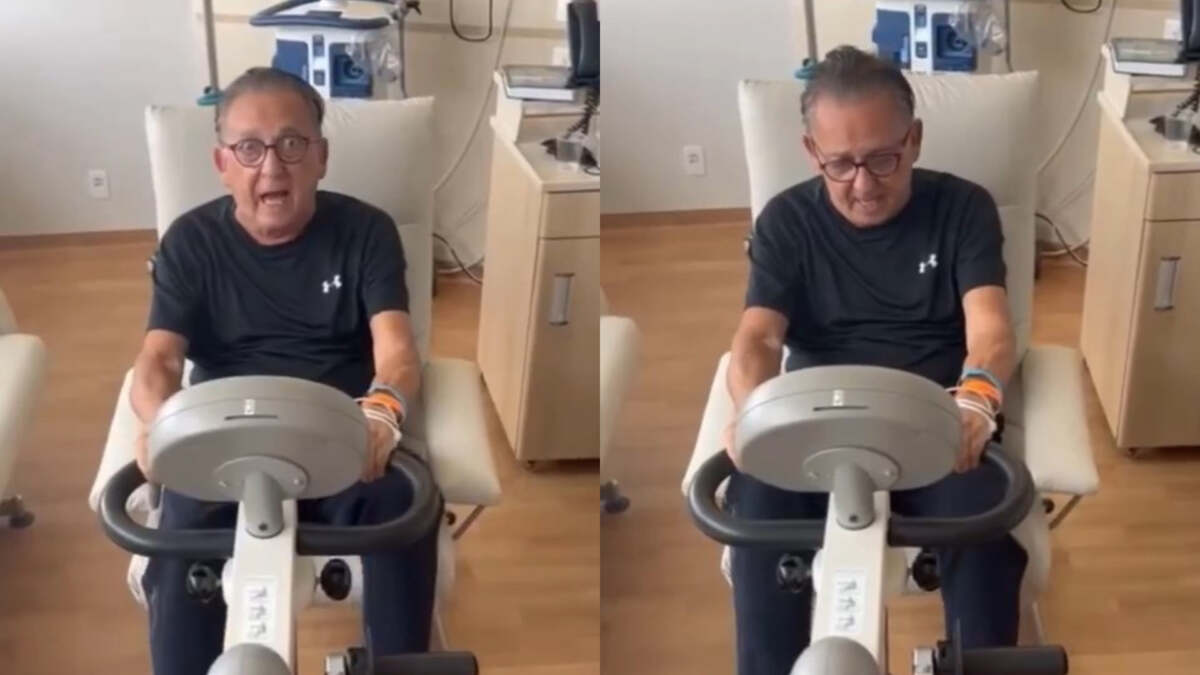 Montagem com Galvão Bueno se exercitando em quarto do Hospital Albert Einstein