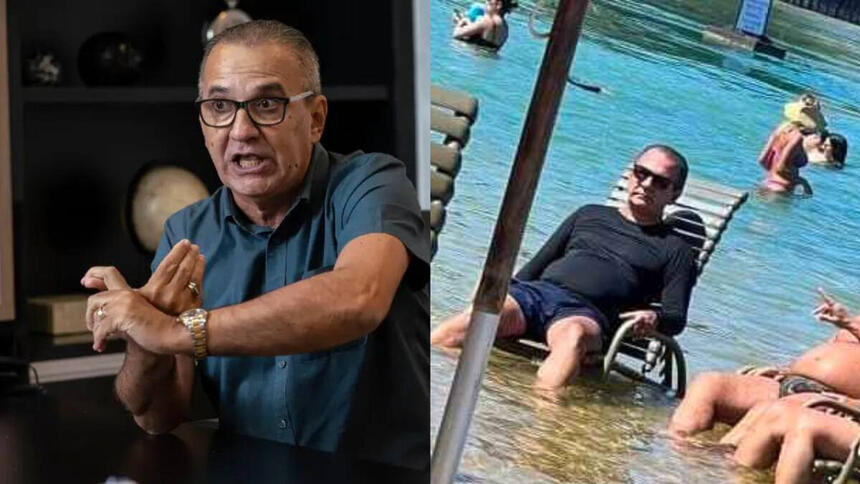 Montagem com Silas Malafaia. Na primeira imagem, ele aparece com semblante furioso, na segunda o pastor está dentro de uma piscina de um resort em Pernambuco