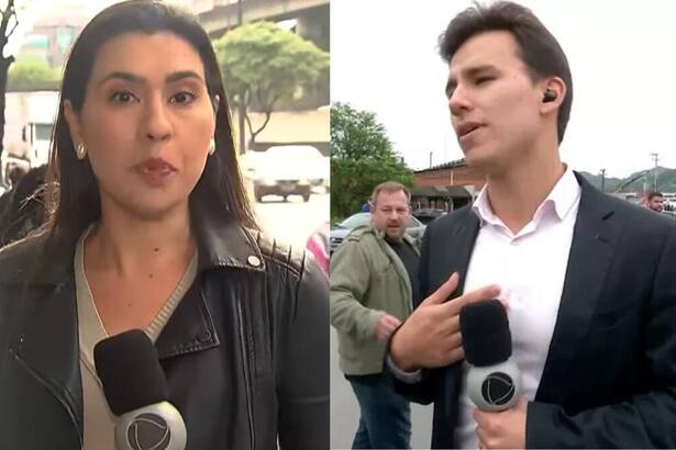 Repórteres Paola Vianna e Stevão Limana com a canopla da Record TV durante a cobertura dos protestos