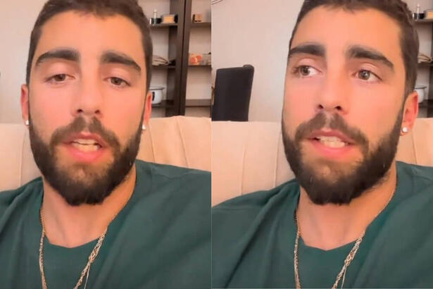 Pedro Scooby com uma blusa verde, em trechos de um vídeo no stories do Instagram