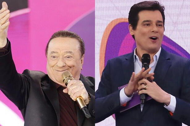 Montagem Raul Gil com a mão direira pra cima e esquerda segurando o microfone durante apresentação do teleton 2019; Celso Portiollo com a boca aberta segurando microfone durante apresentação do Teleton 2018