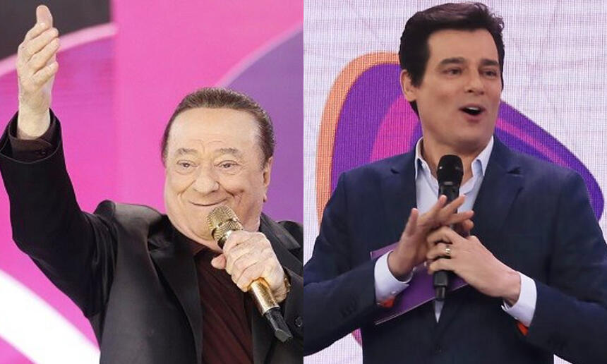 Montagem Raul Gil com a mão direira pra cima e esquerda segurando o microfone durante apresentação do teleton 2019; Celso Portiollo com a boca aberta segurando microfone durante apresentação do Teleton 2018