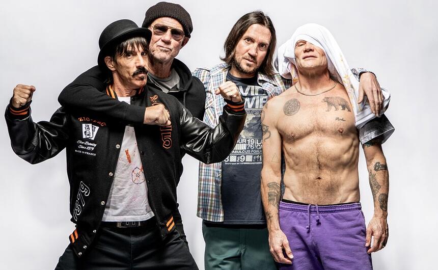 Anthony Kiedis, Flea, Jack Irons e John Frusciante durante ensaio fotográfico para divulgação de álbum