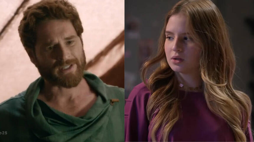 Sophia Valverde, como Poliana, utilizando uma blusa rosa em trecho da novela Poliana Moça. Ela estava em uma montagem com o ator Cirillo Luna, como Davi, utilizando uma blusa verde, em trecho da série Reis