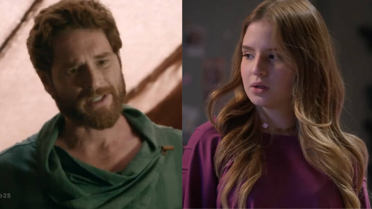 Sophia Valverde, como Poliana, utilizando uma blusa rosa em trecho da novela Poliana Moça. Ela estava em uma montagem com o ator Cirillo Luna, como Davi, utilizando uma blusa verde, em trecho da série Reis