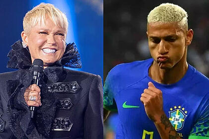 Montagem de fotos de Xuxa, de look preto, sorrindo, segurando um microfone; Richarlison comemorando um gol pela Seleção Brasileira