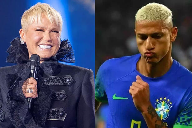 Montagem de fotos de Xuxa, de look preto, sorrindo, segurando um microfone; Richarlison comemorando um gol pela Seleção Brasileira