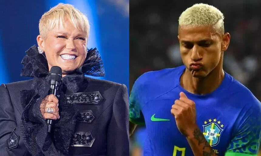 Montagem de fotos de Xuxa, de look preto, sorrindo, segurando um microfone; Richarlison comemorando um gol pela Seleção Brasileira