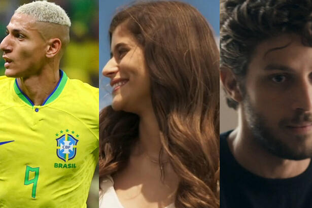 Richarlison, com a camisa da Seleção Brasileira; Candoca (Isadora cruz) em trecho da novela Mar do Sertão; Ari (Chay Suede) em trecho da novela Travessia