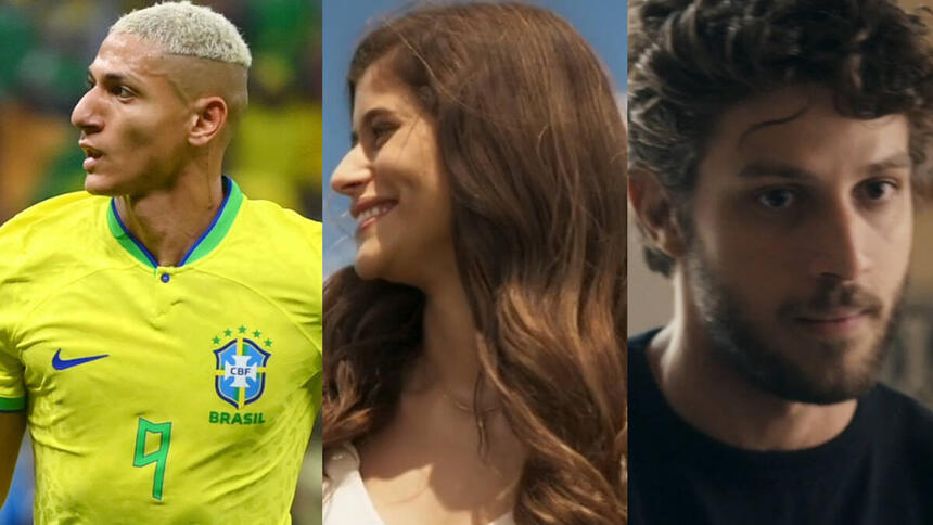 Richarlison, com a camisa da Seleção Brasileira; Candoca (Isadora cruz) em trecho da novela Mar do Sertão; Ari (Chay Suede) em trecho da novela Travessia