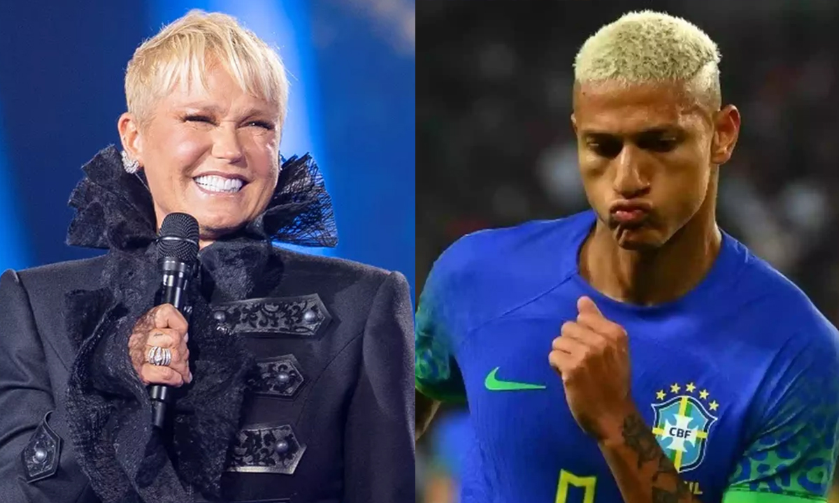 Montagem de fotos de Xuxa, de look preto, sorrindo, segurando um microfone; Richarlison comemorando um gol pela Seleção Brasileira