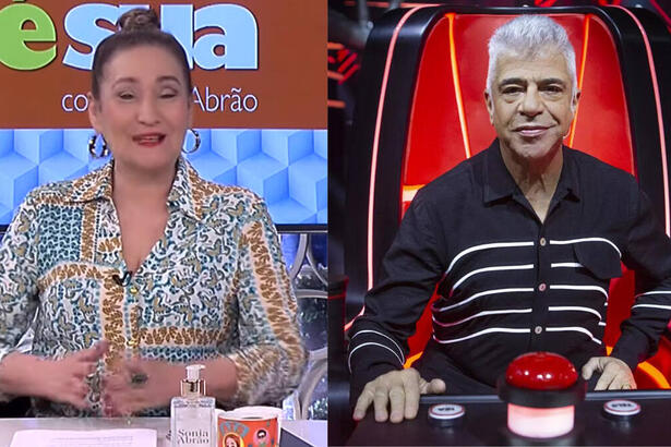 Sonia Abrão utilizando uma roupa com estampa florida, sentada na bancada do programa A Tarde é Sua, em montagem com Lulu santos, sentado na cadeira de técnico do The Voice Brasil