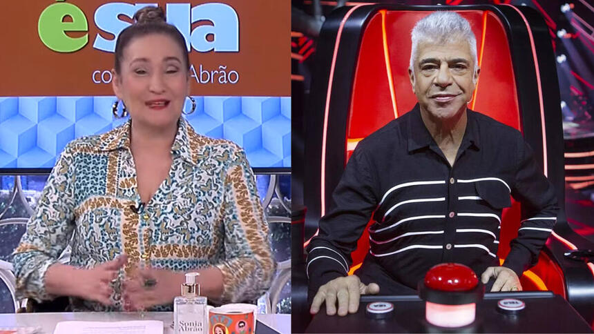 Sonia Abrão utilizando uma roupa com estampa florida, sentada na bancada do programa A Tarde é Sua, em montagem com Lulu santos, sentado na cadeira de técnico do The Voice Brasil