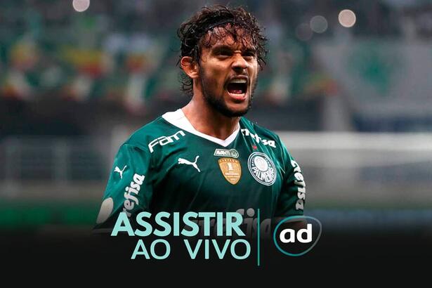 Gustavo Scarpa com a camisa do Palmeiras na arte de Onde Assistir