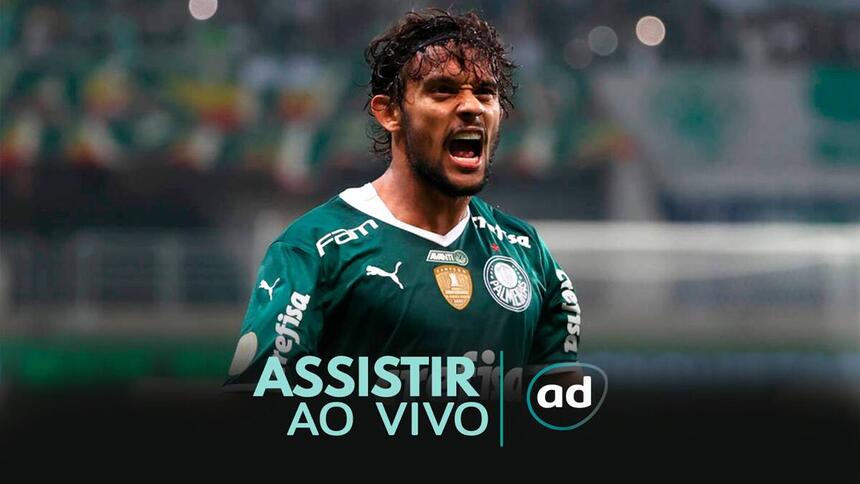 Gustavo Scarpa com a camisa do Palmeiras na arte de Onde Assistir