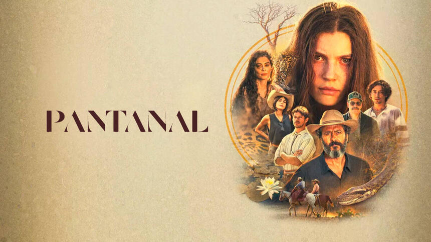 Logo de Pantanal com os protagonistas da novela das nove da TV Globo