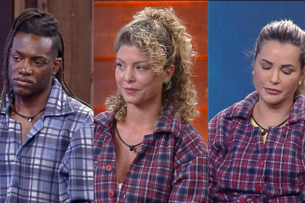 Pelé MilFlows, Bárbara Borges e Deolane Bezerra sentados no banquinho no da Roça Falsa, os três farão a Prova do Fazendeiro