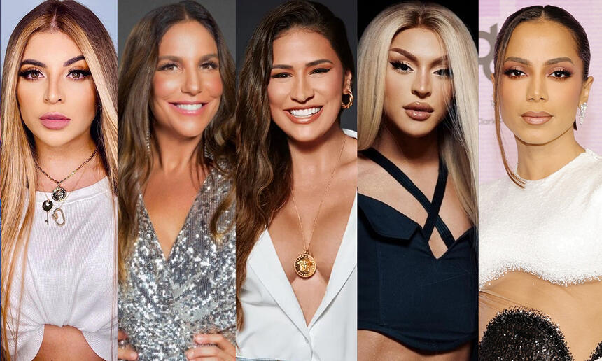 Montagem com fotos de Gkay, Ivete Sangalo, Simone, Pabllo Vittar e Anitta