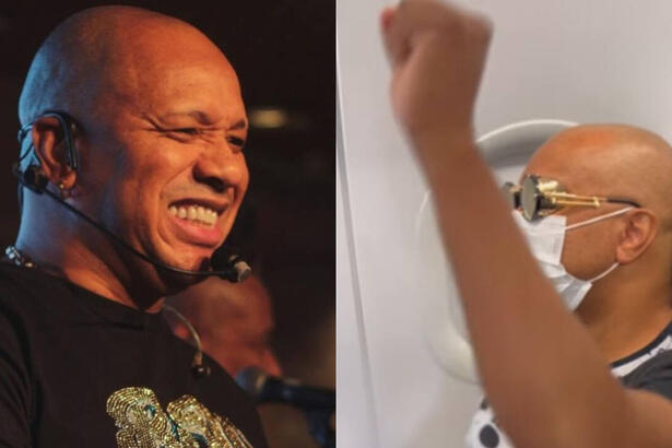 Imagem 1: Anderson com um microfone facial, de camisa preta, sorrindo durante show; Imagem 2: Anderson com máscara, levantando a mão, vibrando com a notícia