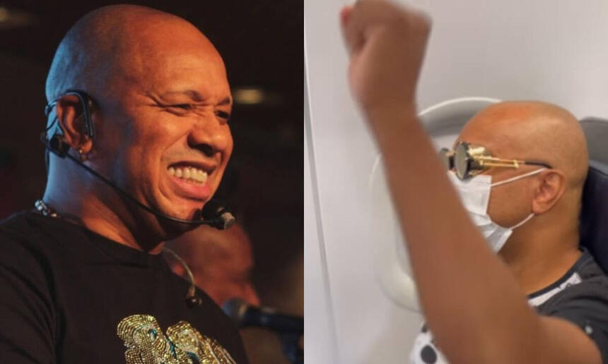 Imagem 1: Anderson com um microfone facial, de camisa preta, sorrindo durante show; Imagem 2: Anderson com máscara, levantando a mão, vibrando com a notícia