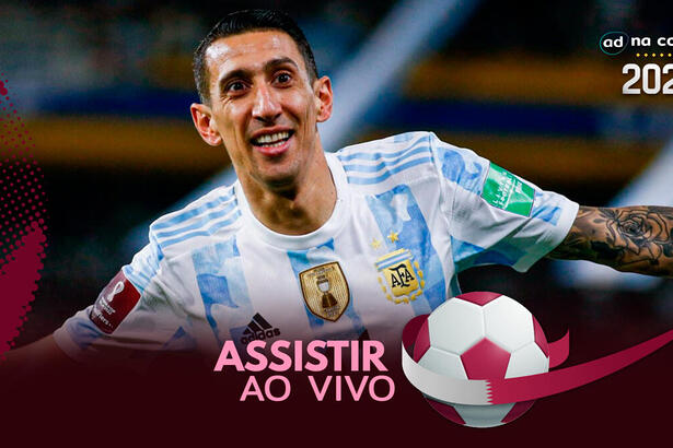 Jogador Di María, com a camisa da Argentina, na arte de onde assistir ao jogo Argentina x Austrália