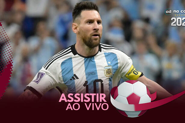 Jogador Messi, com a camisa da Argentina, na arte de onde assistir ao jogo Argentina x Croácia