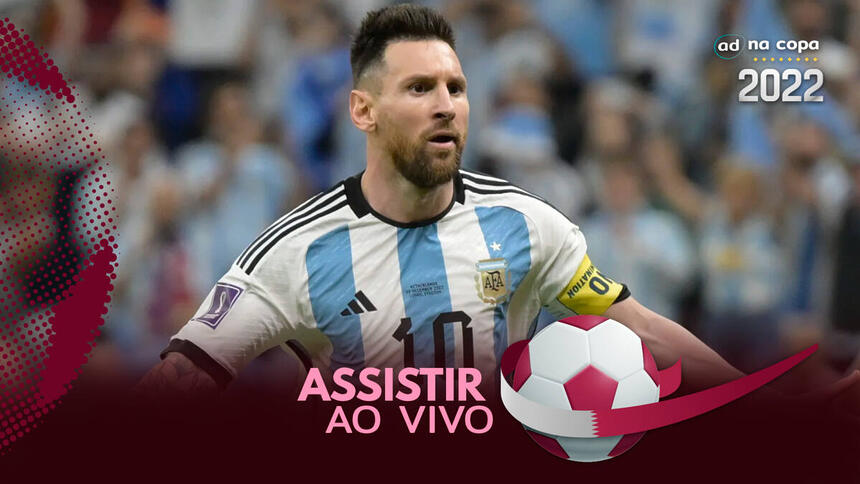 Jogador Messi, com a camisa da Argentina, na arte de onde assistir ao jogo Argentina x Croácia