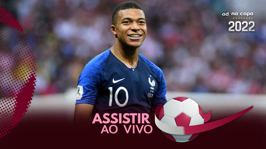 Jogador Mbappé, com a camisa da França, na arte de onde assistir ao jogo Argentina x França