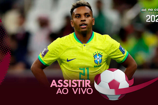 Jogador Rodrygo, com a camisa da Seleção Brasileira/Brasil, na arte onde assistir ao jogo Camarões x Brasil