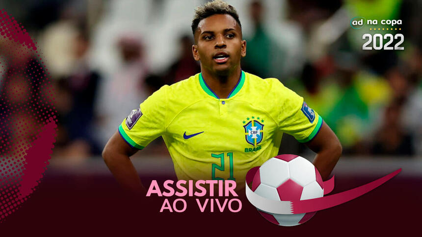 Jogador Rodrygo, com a camisa da Seleção Brasileira/Brasil, na arte onde assistir ao jogo Camarões x Brasil