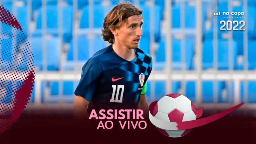 Jogador Modric, com a camisa da Croácia, na arte de onde assistir ao jogo Croácia x Marrocos