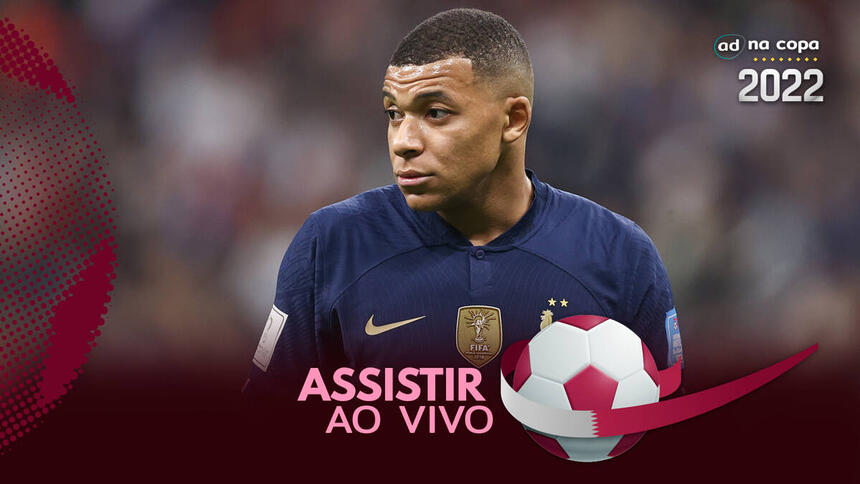 Jogador Mbappé, com a camisa da França, na arte de onde assistir França x Marrocoso