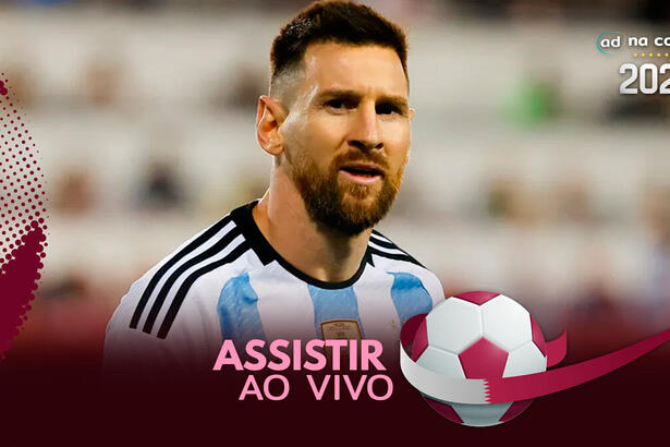 Jogador Messi, com a camisa da Argentina,, na arte de onde assistir ao jogo Holanda x Argentina