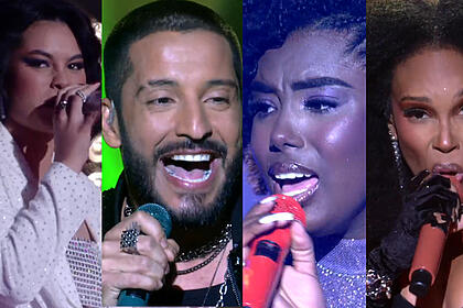 Bell Lins, Juceir Jr., Keilla Júnia e Mila Santana se apresentando no palco do The Voice Brasil