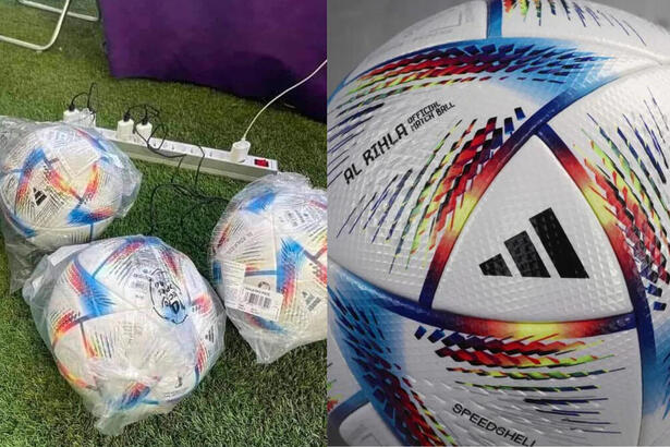 Bolas da Copa conectadas em uma extensão de tomada, em montagem com uma foto da bola da Copa sozinha