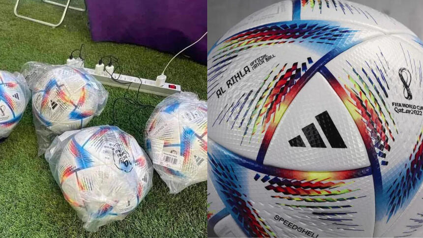 Bolas da Copa conectadas em uma extensão de tomada, em montagem com uma foto da bola da Copa sozinha