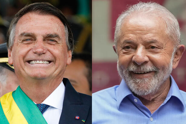 Imagem 1: Bolsonaro sorrindo, com a faixa presidencial durante cerimonia de posse; Imagem 2: Lula de camisa social azul claro, sorrindo durante campanha eleitoral