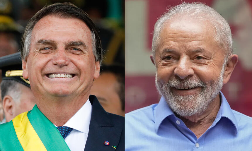 Imagem 1: Bolsonaro sorrindo, com a faixa presidencial durante cerimonia de posse; Imagem 2: Lula de camisa social azul claro, sorrindo durante campanha eleitoral