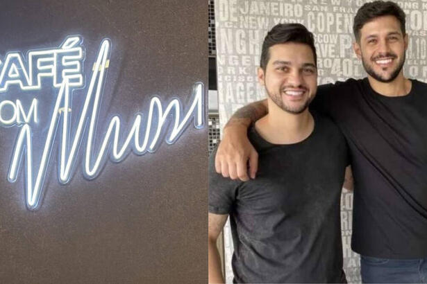 Logo do podcast 'Café com Mussi', em montagem com os irmãos Rodrigo e Diogo se abraçando em uma foto