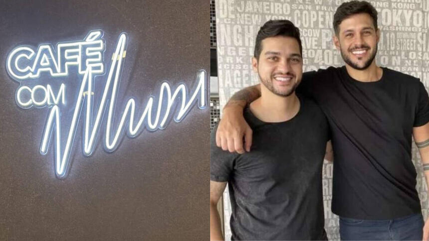 Logo do podcast 'Café com Mussi', em montagem com os irmãos Rodrigo e Diogo se abraçando em uma foto