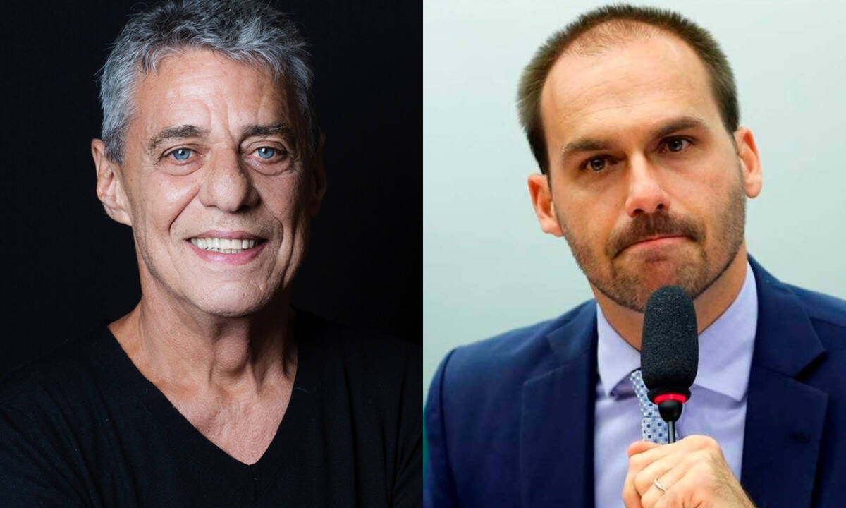Imagem 1: Chico Buarque sorrindo, de camisa preta durante ensaio fotográfico num estúdio preto; Imagem 2: Eduardo Bolsonaro de paleto azul marinho e camisa social azul clara, segurando um microfone num pulpito, com semblante duvidoso durante ministração